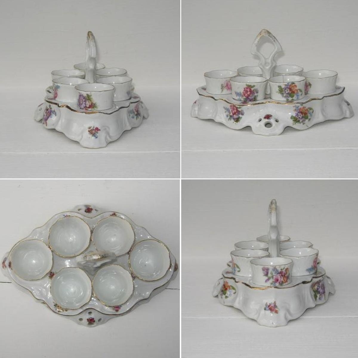 Ancien oeufrier porte coquetiers en porcelaine et ses six coquetiers decor fleurs champetres 2