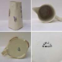 Ancien pichet pot a lait en faience a decor de bouquets de lilas et muguet sur fond blanc casse 3