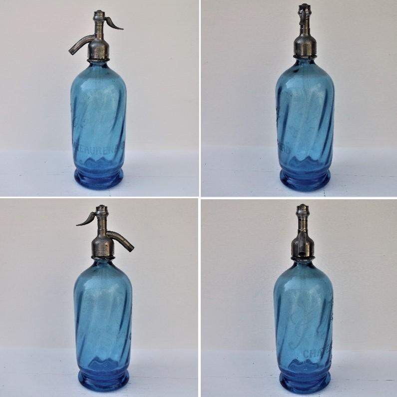 Ancien siphon houy chateaurenard bouteille a eau de seltz bleue torsade 2