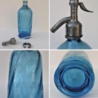 Ancien siphon houy chateaurenard bouteille a eau de seltz bleue torsade 3