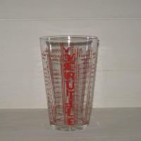 Ancien verre doseur en verre ecritures rouges a