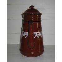 Ancienne cafetiere en tole emaillee marron a frise geometrique blanche 2