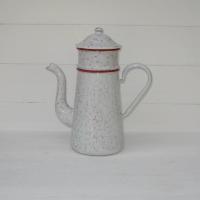 Ancienne cafetiere tole emaillee marbree rouge et blanche 1