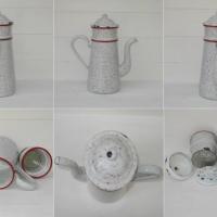 Ancienne cafetiere tole emaillee marbree rouge et blanche 2