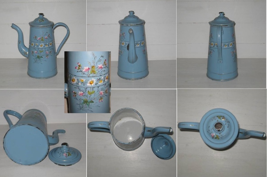 Cafetiere tole emaillee bleue a fleurs champetres 2
